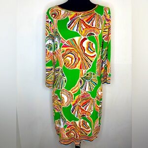 Trina Turk psychedelic green abstract 3/4 sleeve dress size 10